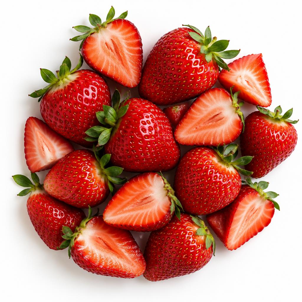 Fresh whole and sliced strawberries — the ingredients behind our NSA Strawberry frozen yogurt